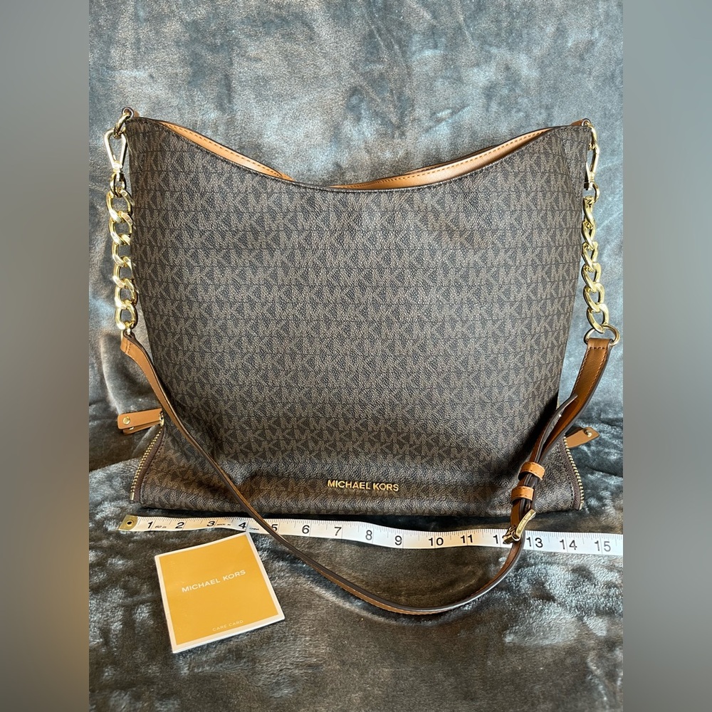 Michael Kors Devin Large Shoulder Bag Brown MK Logo Tote Gold Chain Strap